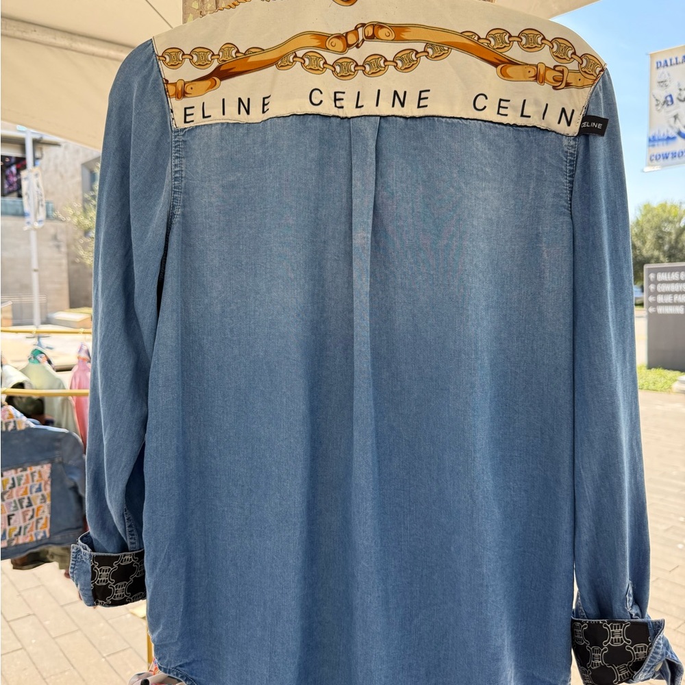 Denim Shacket with Designer Gold Print